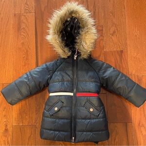 Navy Puffer Jacket with Faux Fur Hood